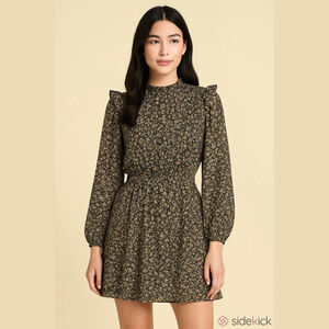 Sadie & Sage Floral Print Mini Dress, L, Black Yellow Multi